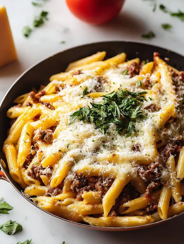 Cheesy Penne with Garlic Butter Ground Beef