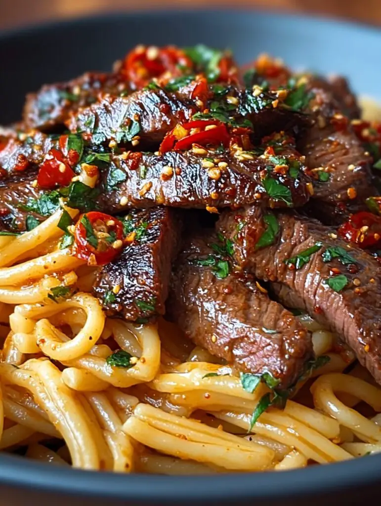 Sweet and Spicy Garlic Steak Pasta