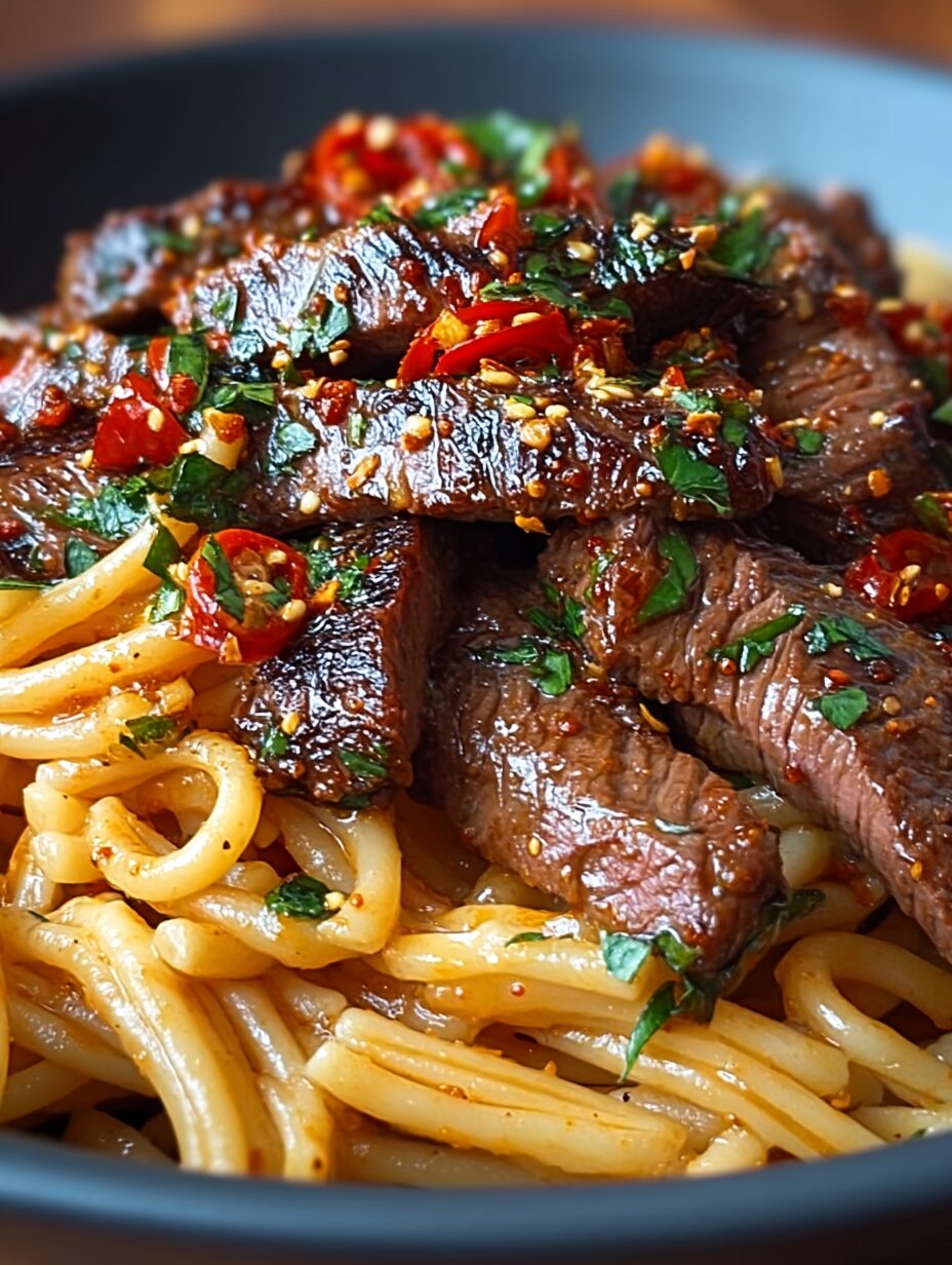 Sweet and Spicy Garlic Steak Pasta