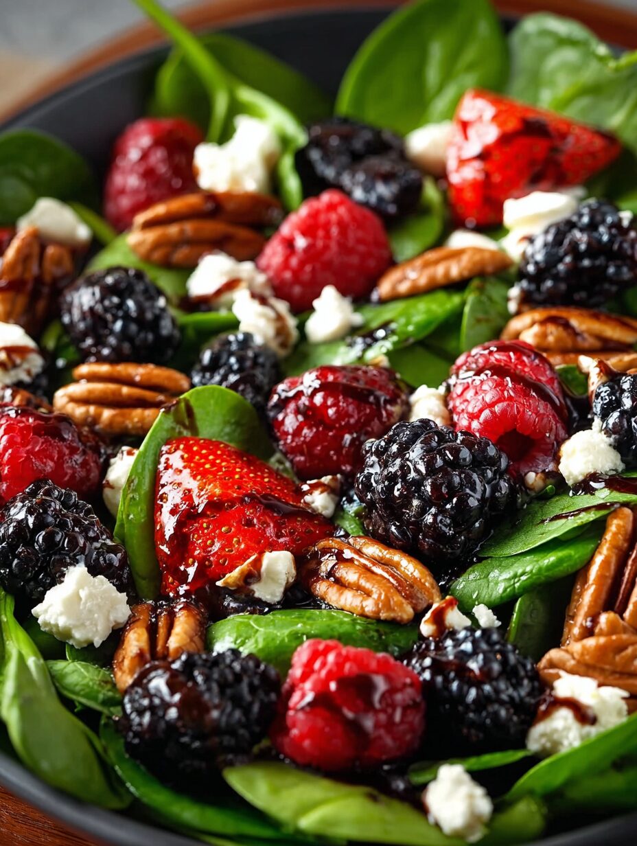 Berry Spinach Salad with Pecans, Feta, and Balsamic Glaze