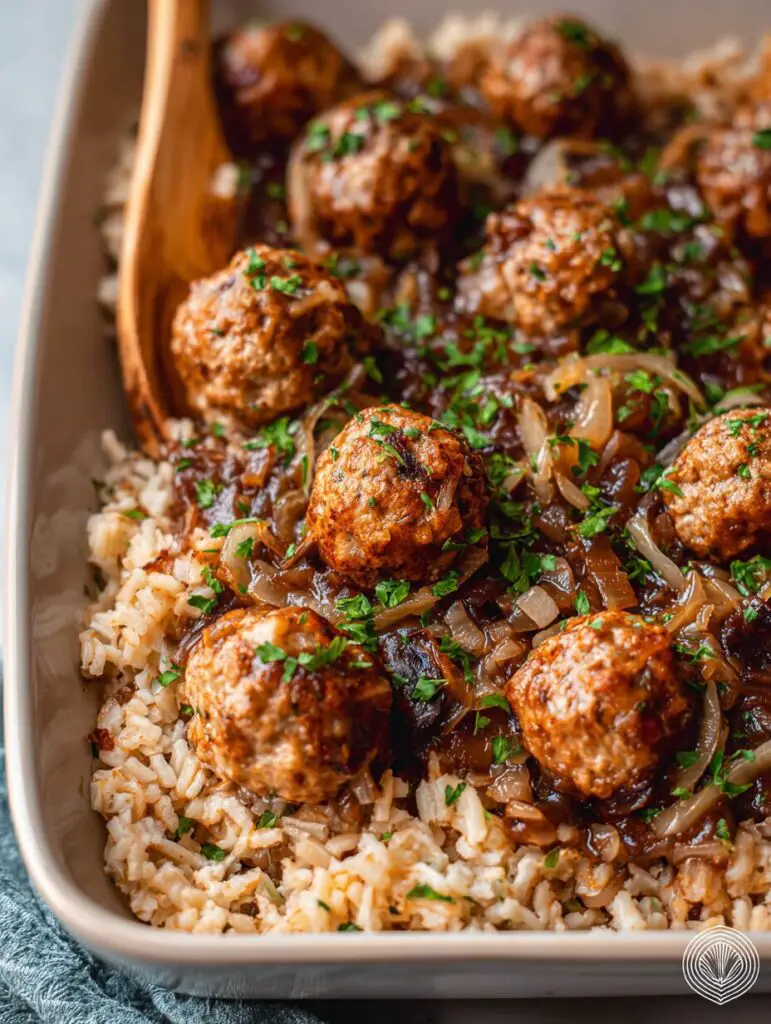 French Onion Meatballs and Rice