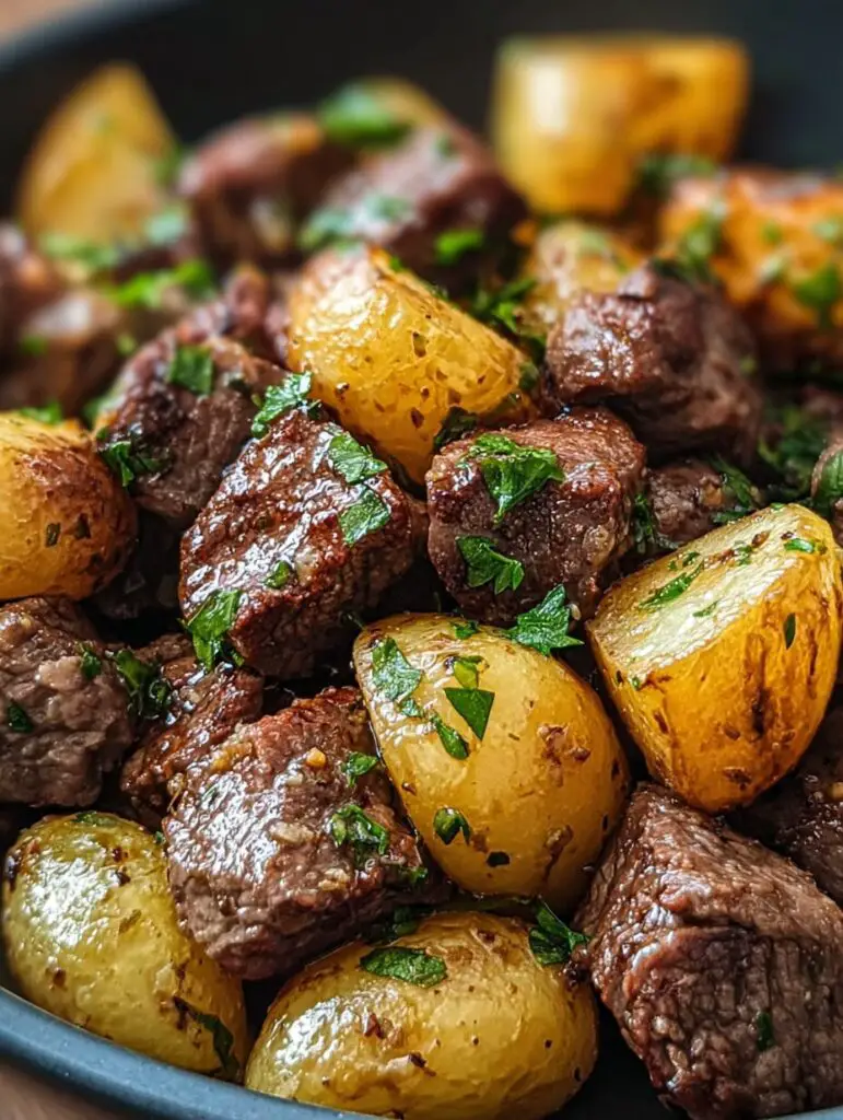 Garlic Butter Beef Bites & Potatoes make a perfect dinner