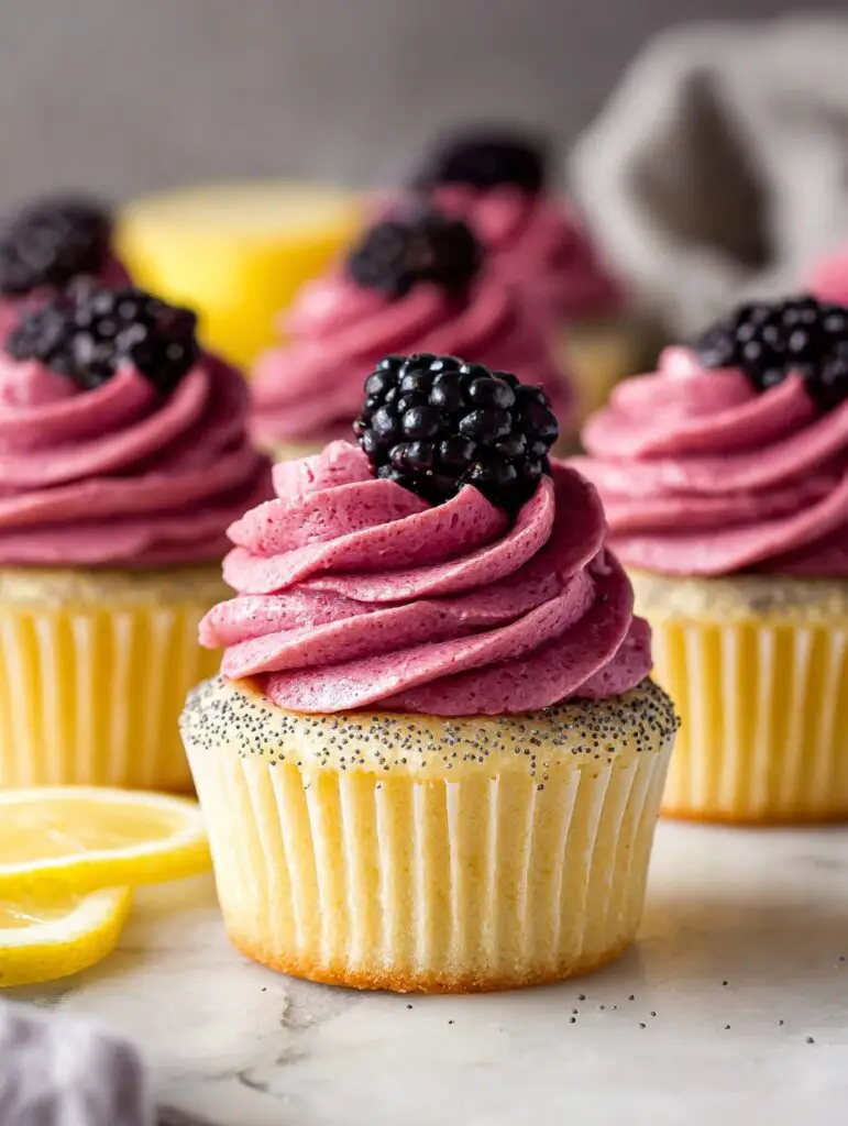 Lemon Poppy Seed Cupcakes with Blackberry Frosting