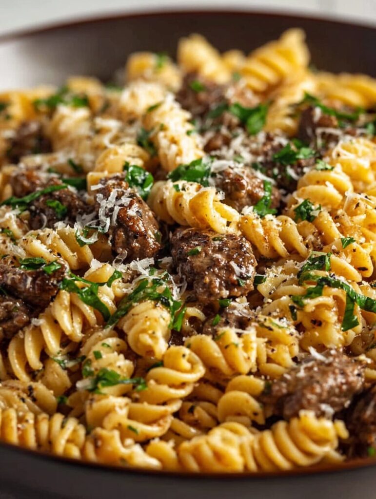 Beef and Rotini in Garlic Parmesan Sauce is delicious!