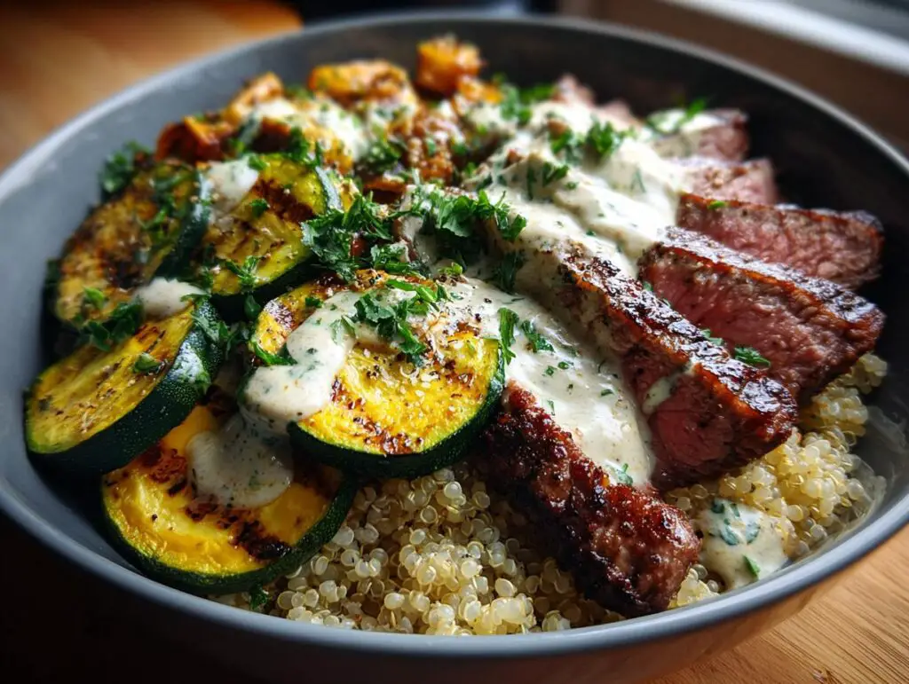 Grilled Steak Bowl with Creamy Sauce & Grilled Zucchini