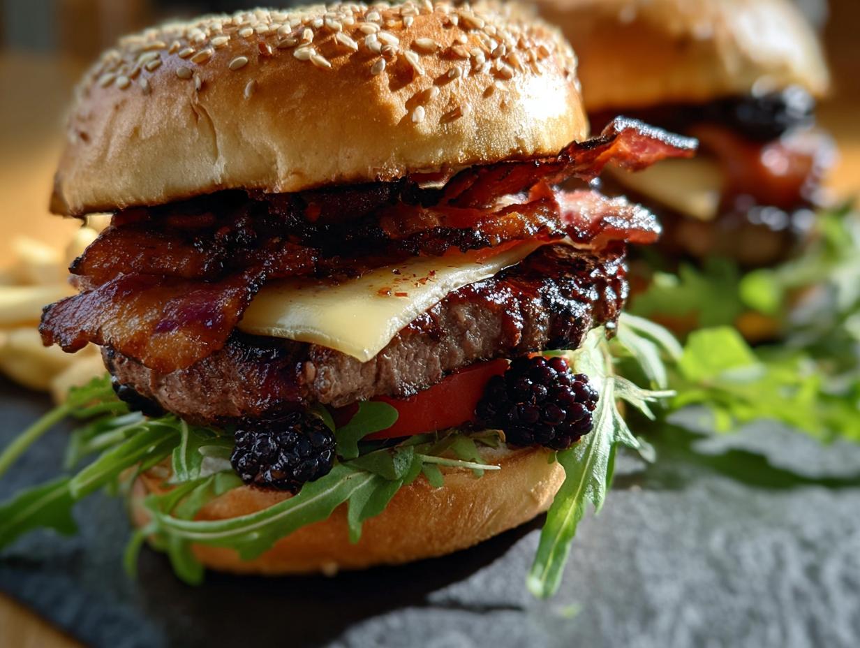 Blackberry Bacon Venison Burgers: 1 Gourmet Delight - close-up of a juicy venison burger with blackberries and bacon
