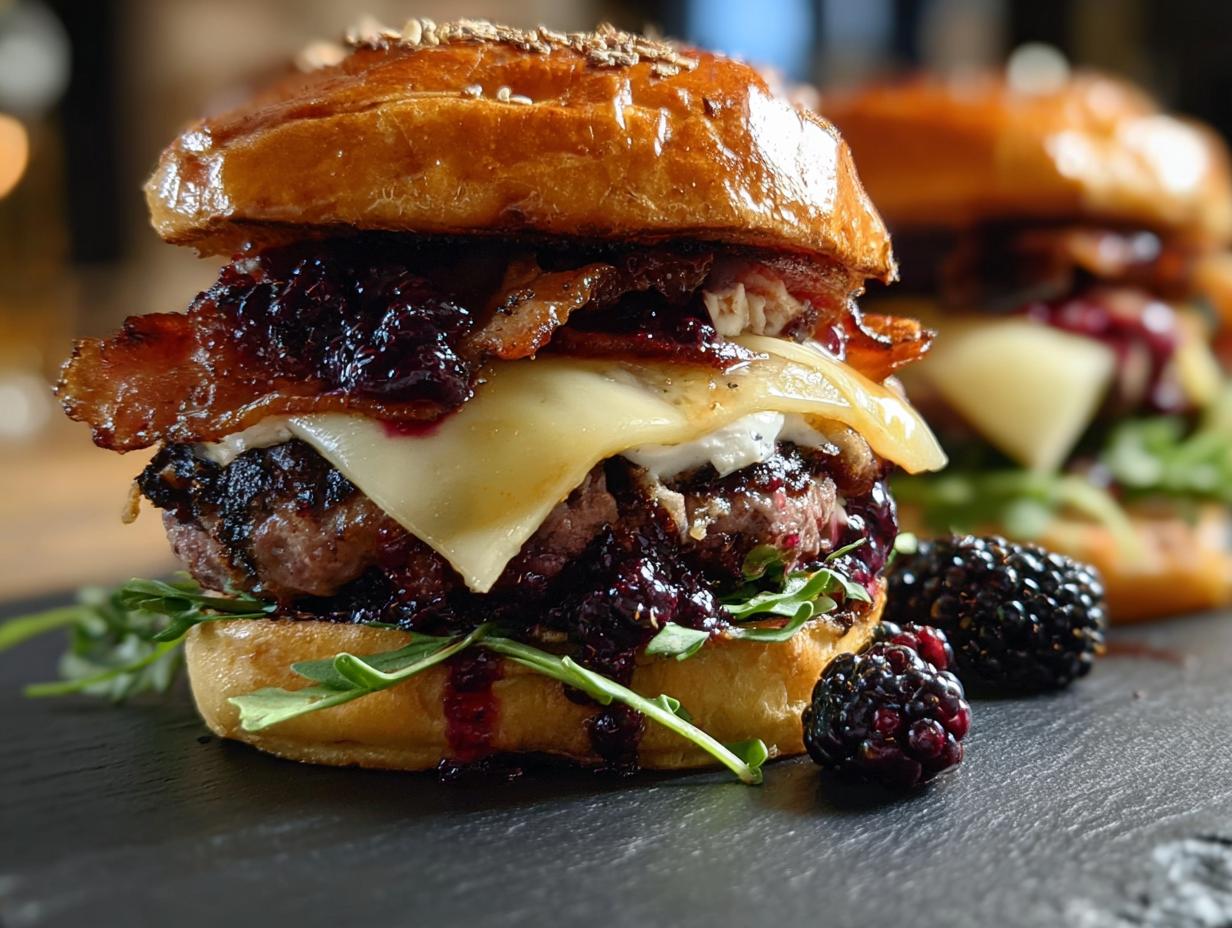Blackberry Bacon Venison Burgers: 1 Gourmet Delight - assembled burger ready to eat