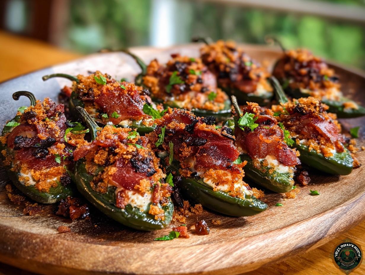 Maple Cream Cheese Venison Jalapeño Poppers - close-up of stuffed jalapeños