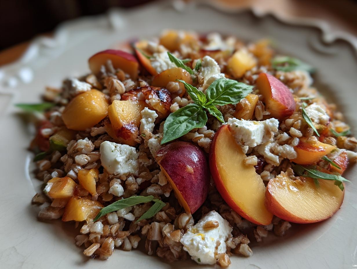 Peach Farro Salad with fresh peaches and arugula