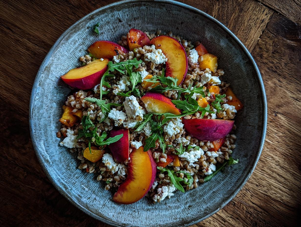 Close-up of Peach Farro Salad ingredients