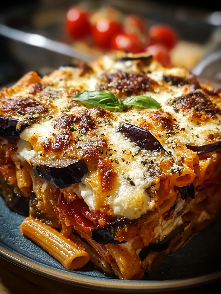 Dinner Eggplant Tomato Pasta: 1 Amazing Bake - Close-up of cheesy, bubbly baked pasta with eggplant and tomato