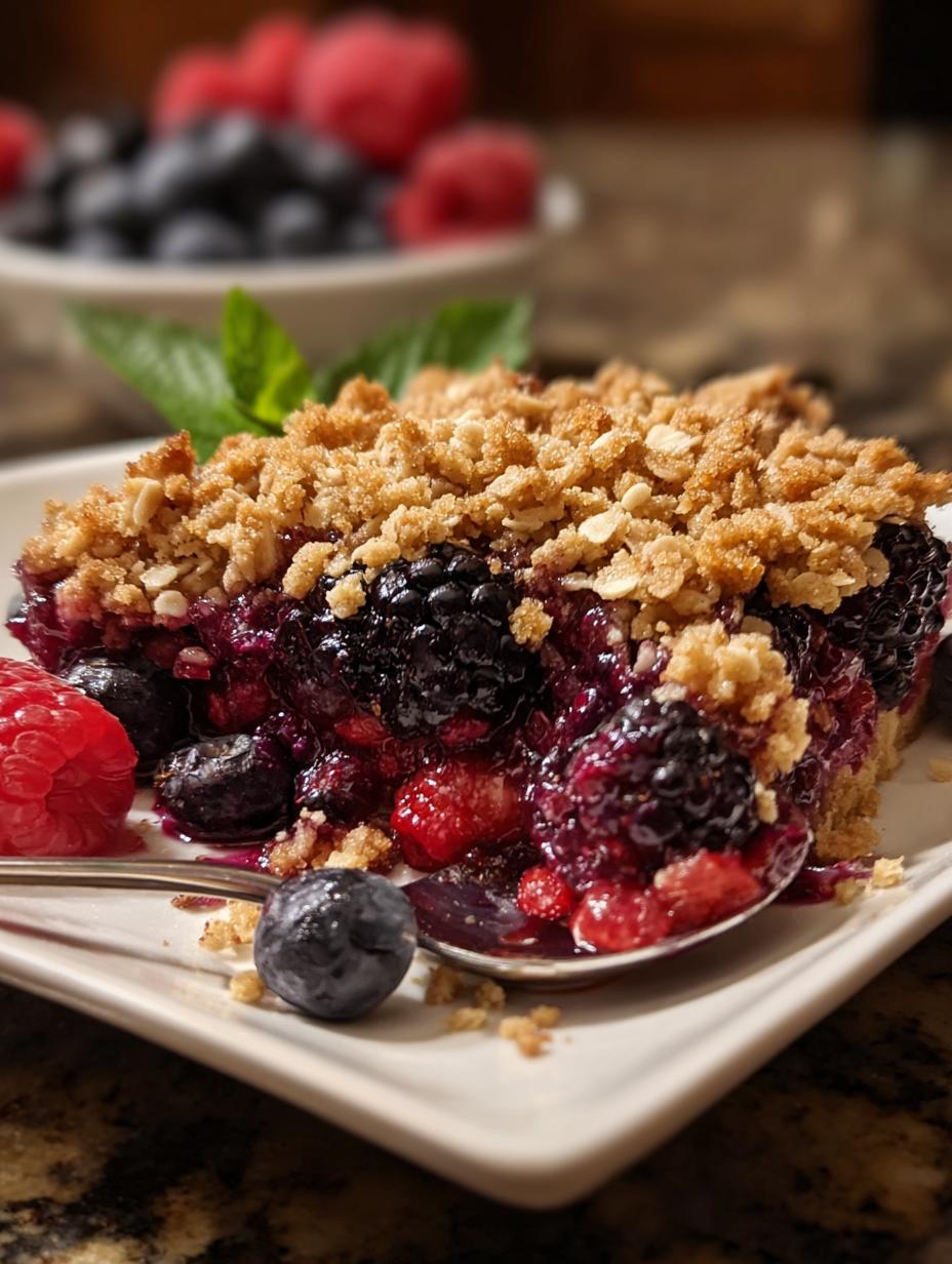 Light Indulgent Dessert Bliss: Close-up of warm, bubbling berries with a golden crumb topping