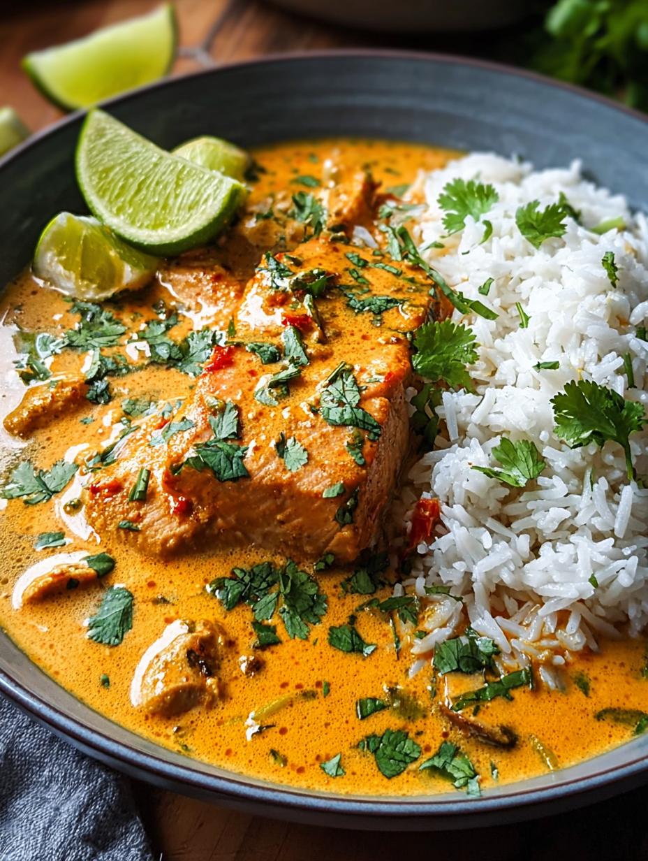 Flavorful One Pan Coconut Curry with salmon and creamy sauce