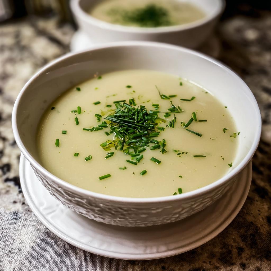 Vichyssoise Soup: Marvelous 15-Min Prep Chilled Delight - Close-up of creamy Vichyssoise Soup in a bowl, garnished with chives