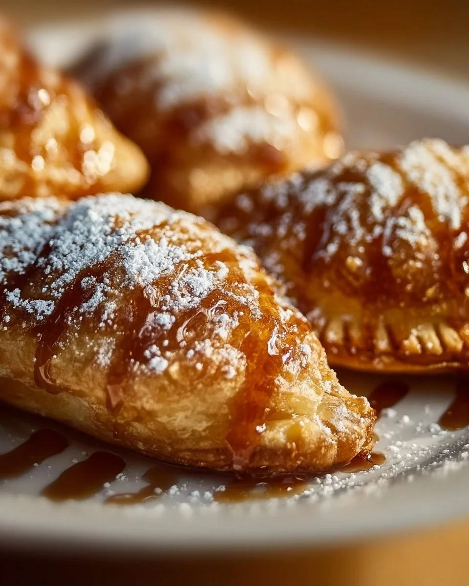 Delicious apple caramel empanadas served on a plate with a drizzle of caramel sauce