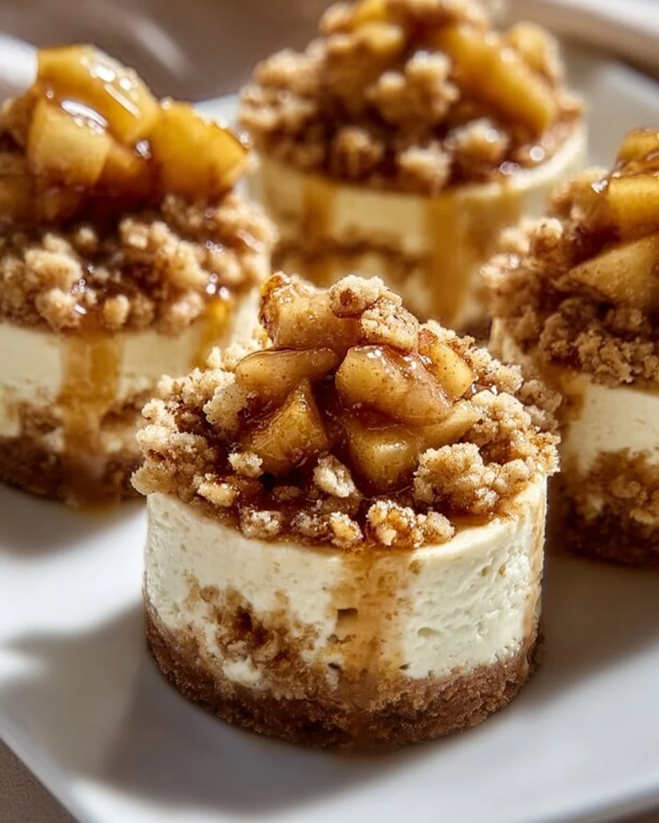 Delicious Apple Crisp Mini Cheesecakes topped with crumbly apple crisp