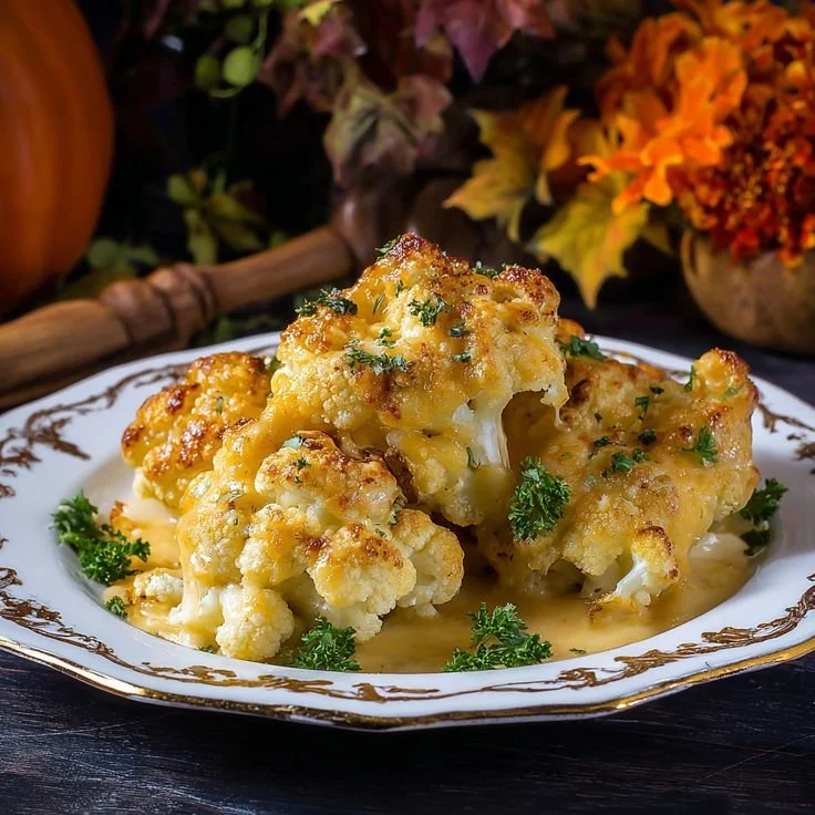 Baked cauliflower topped with melted cheese in a serving dish