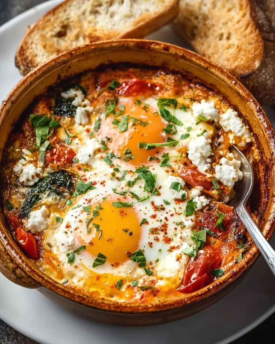 Baked feta eggs served in a dish with fresh herbs and spices.