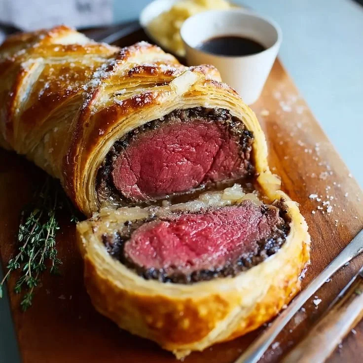 Perfectly cooked Beef Wellington with golden pastry and savory filling