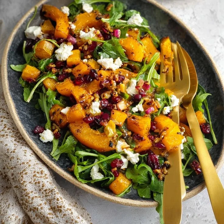 Butternut squash feta salad with fresh greens and cranberries