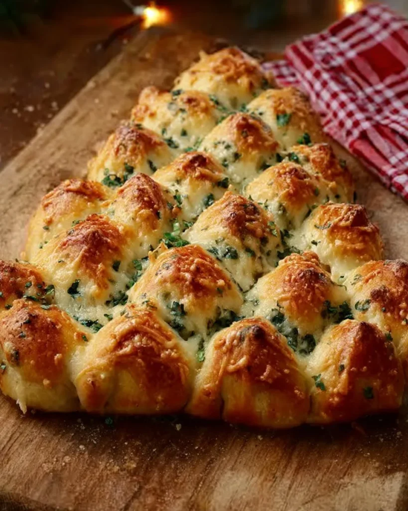 Cheesy Christmas Tree Bread decorated for the holiday season