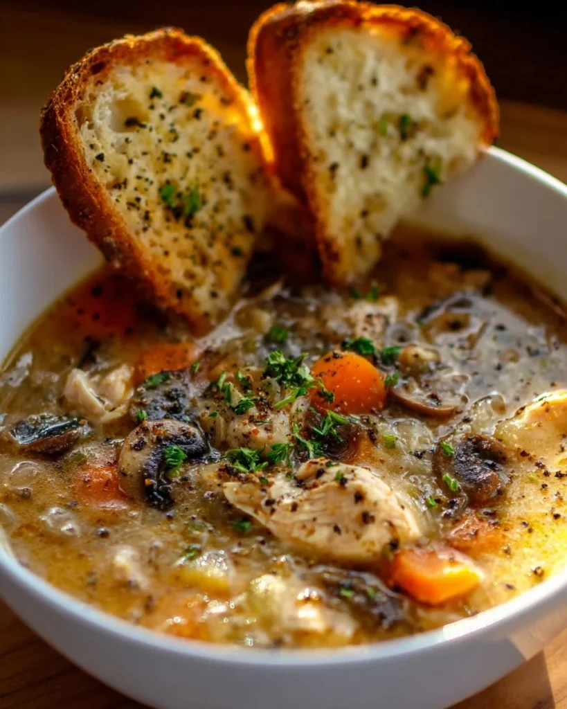 Bowl of chicken mushroom wild rice soup topped with fresh herbs