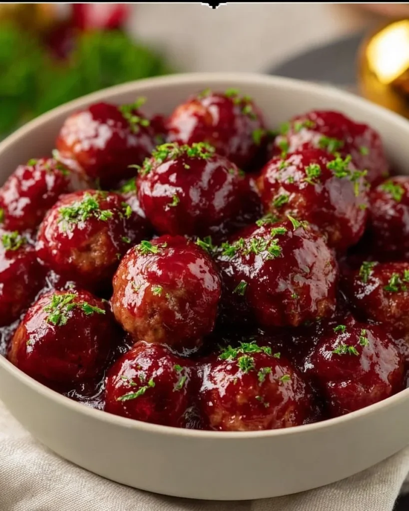 Delicious Christmas Cranberry Meatballs served on a festive platter