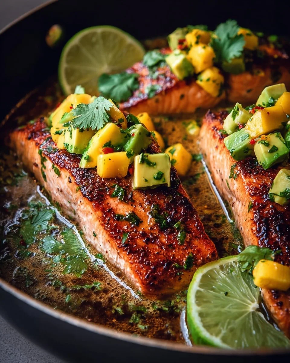 Plate of Coconut Lime Salmon topped with Avocado Mango Salsa