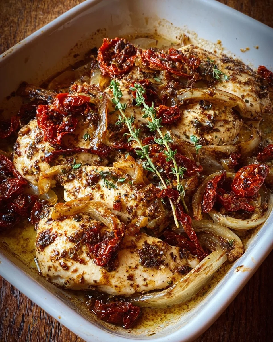 Creamy balsamic chicken with roasted onions and sun-dried tomatoes served on a plate.