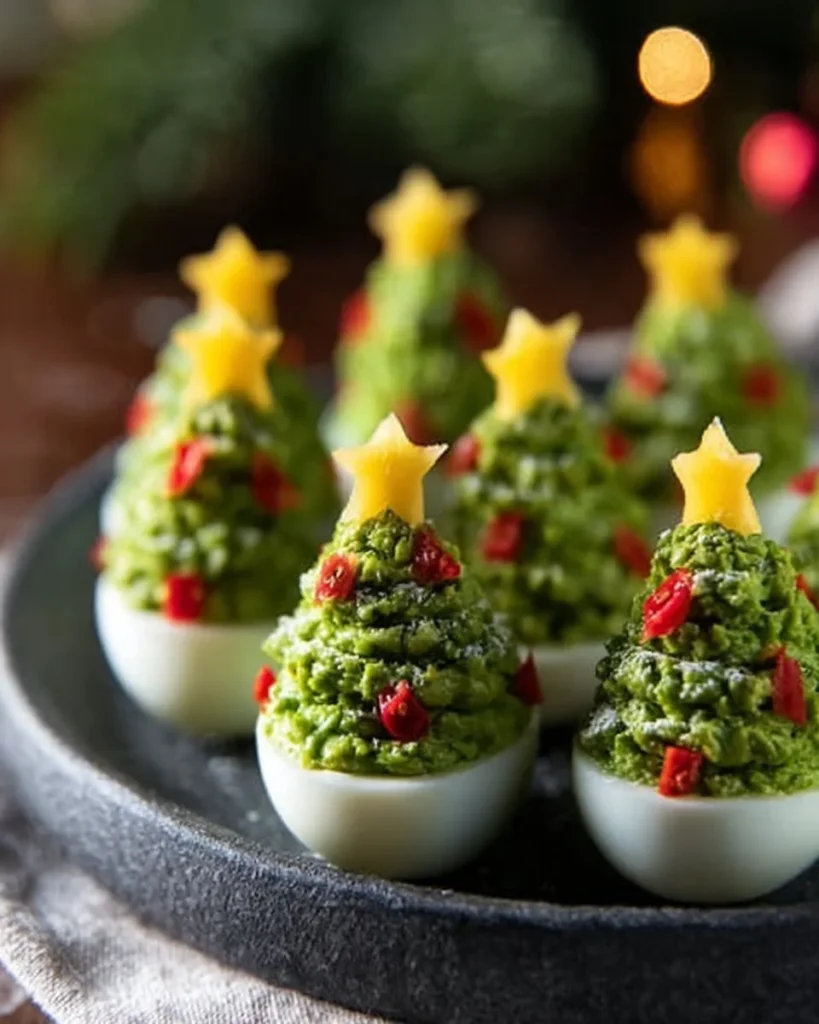 Festive deviled egg Christmas trees decorated for a holiday party