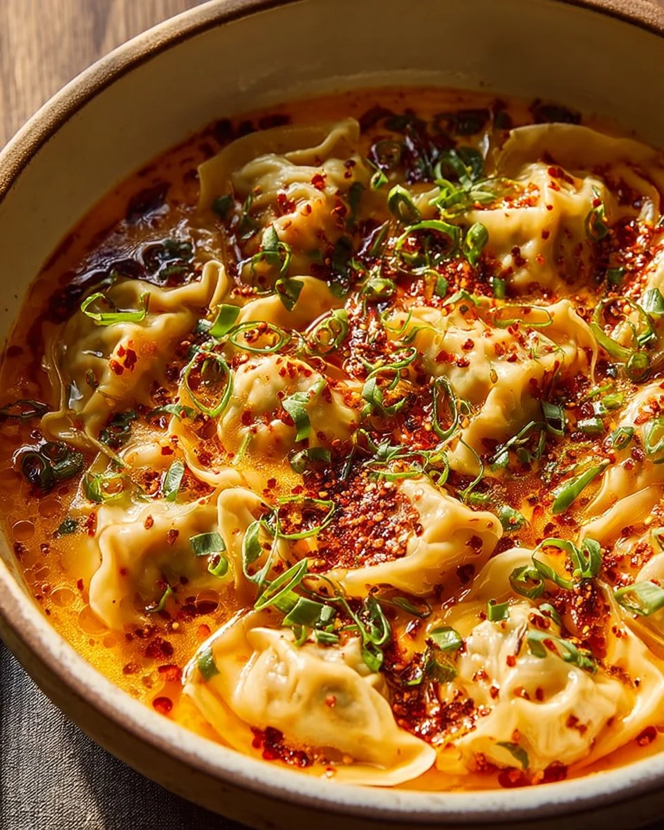 Easy baked potstickers served with Thai curry sauce on a plate