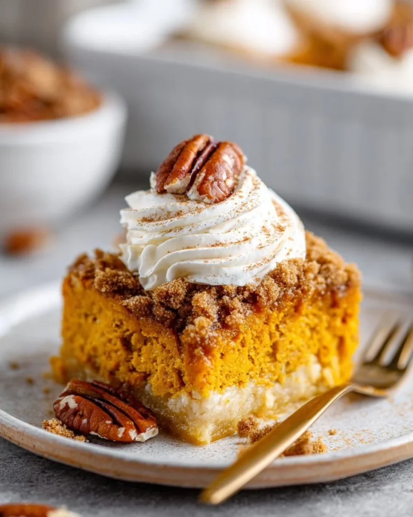 Delicious easy pumpkin dump cake dessert topped with whipped cream