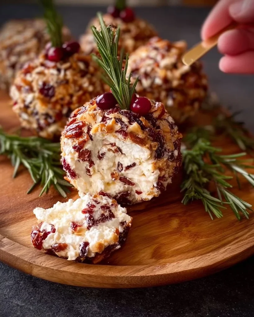 Festive cheese ball served with crackers and garnished with herbs