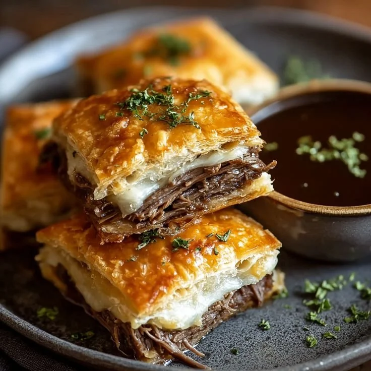 Delicious French Dip Squares served with au jus for dipping
