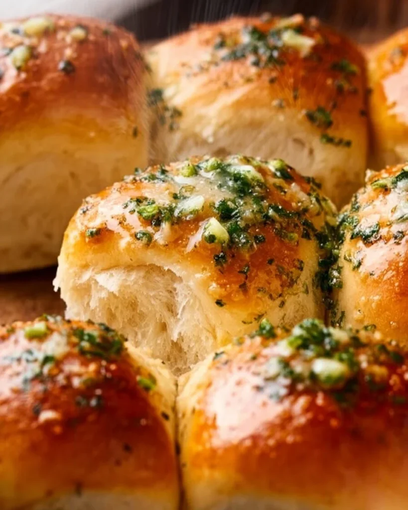 Freshly baked Garlic Bread Rolls with herbs and melted butter