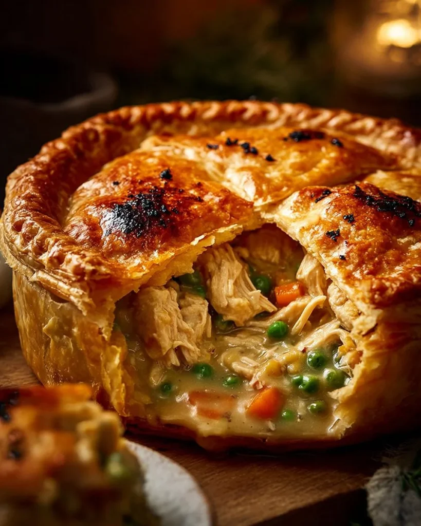 Golden Chicken Pot Pie with Buttery Crust served in a rustic dish