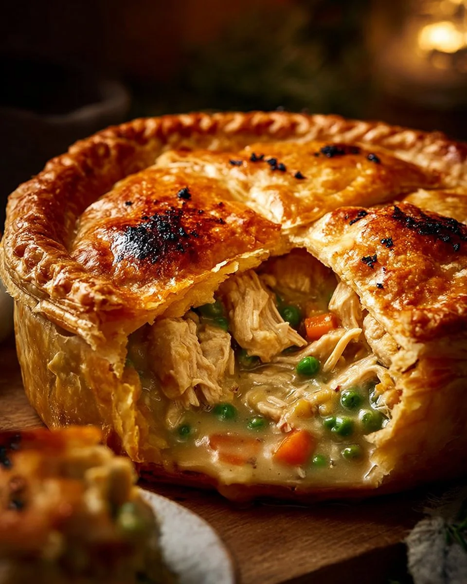 Golden Chicken Pot Pie with Buttery Crust served in a rustic dish