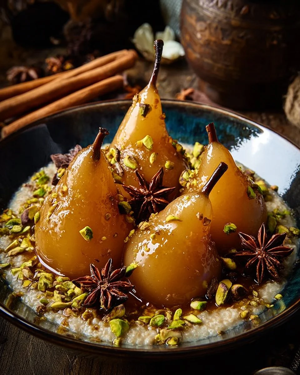 Bowl of honey-spiced pear oatmeal topped with pistachios and honey drizzles