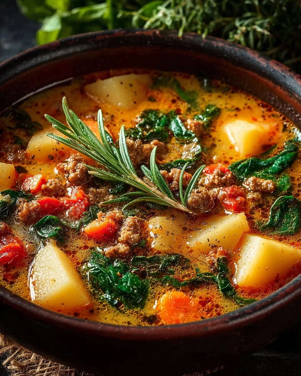 Bowl of Italian sausage and potato soup garnished with herbs