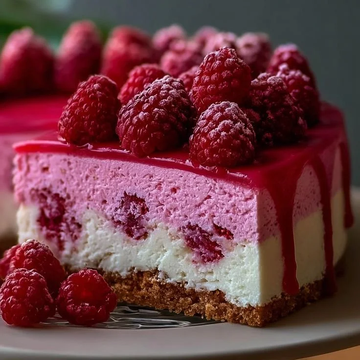 Pink Velvet Raspberry Cheesecake topped with fresh raspberries and creamy frosting