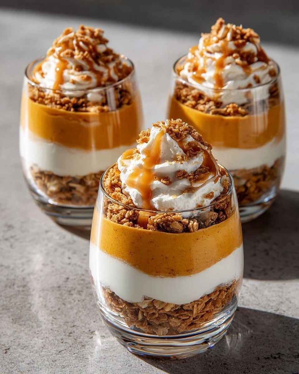 Delicious Pumpkin Cheesecake Parfaits layered with creamy cheesecake and pumpkin puree.