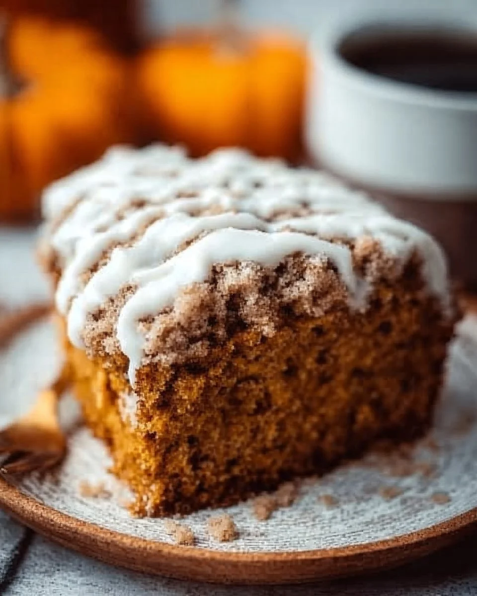 Delicious pumpkin coffee cake served on a plate with coffee