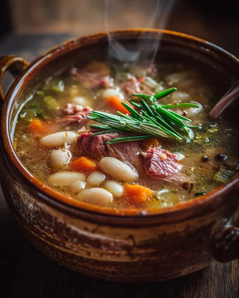 Bowl of rustic white bean & smoked beef soup garnished with herbs and spices.