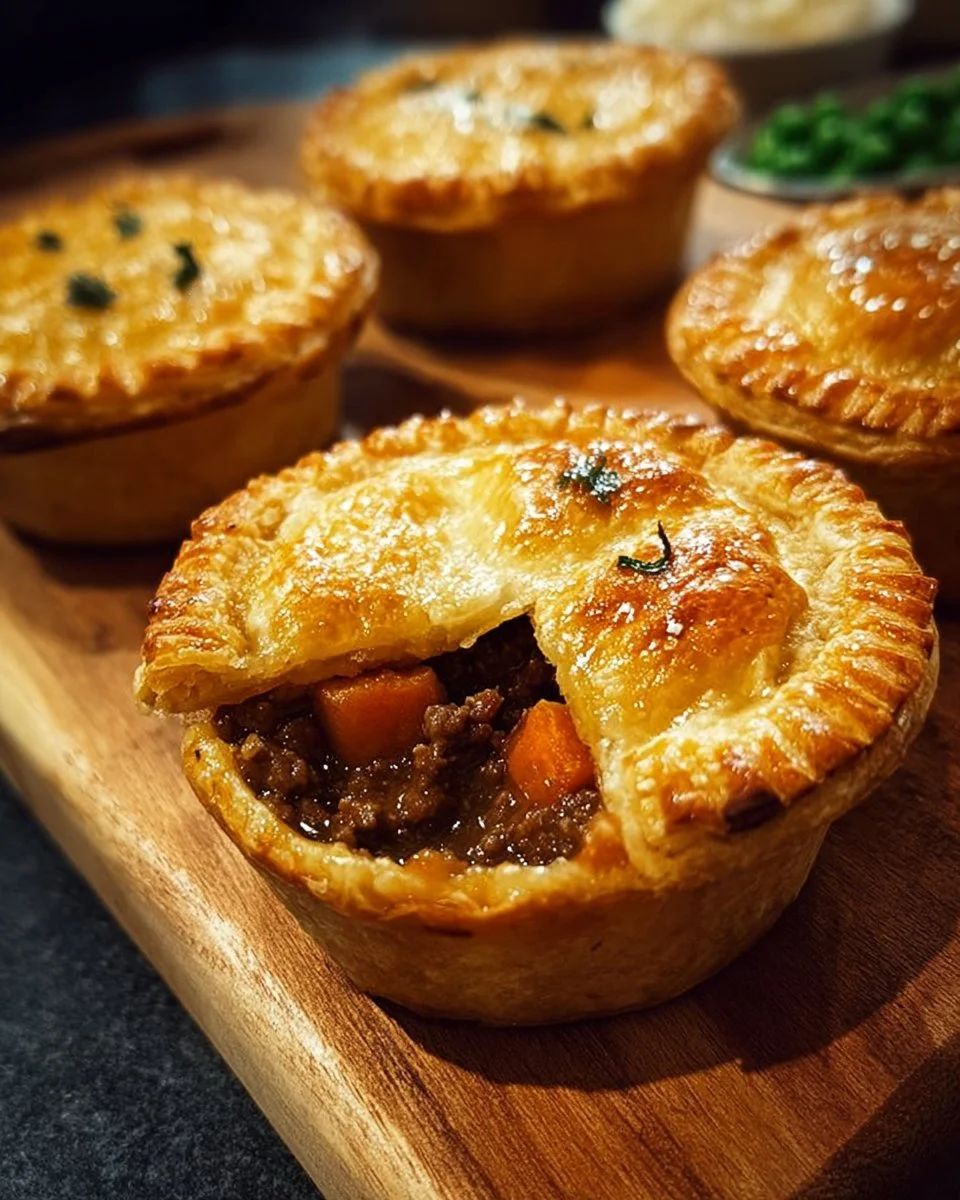 Savory Irish beef and sweet potato mini pies on a wooden table.