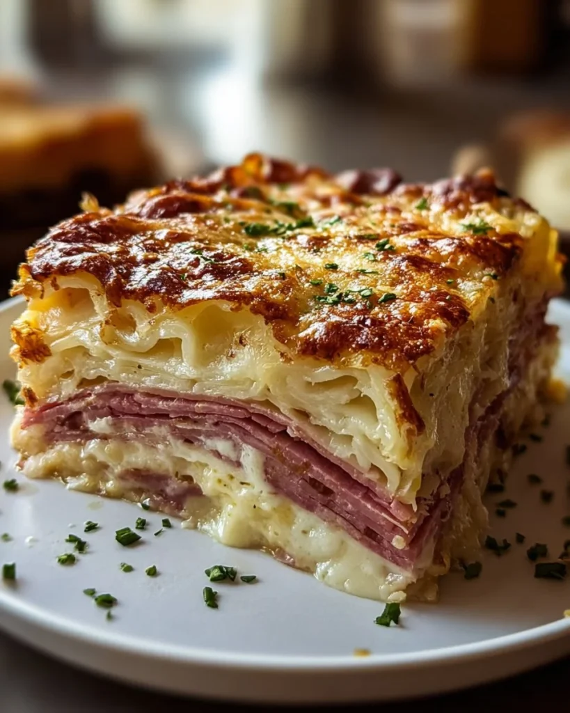 Savory Reuben Bake made with corned beef, sauerkraut, and cheese