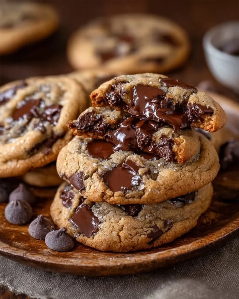 Ultra thick bakery style chocolate chip cookies with gooey chocolate chips