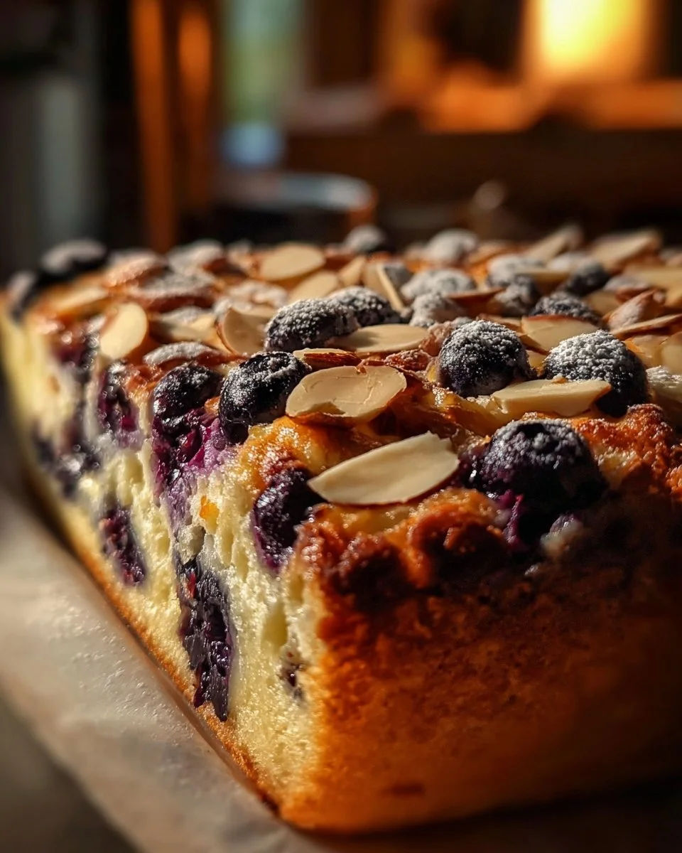 Blueberry almond cottage cheese breakfast bake in a serving dish