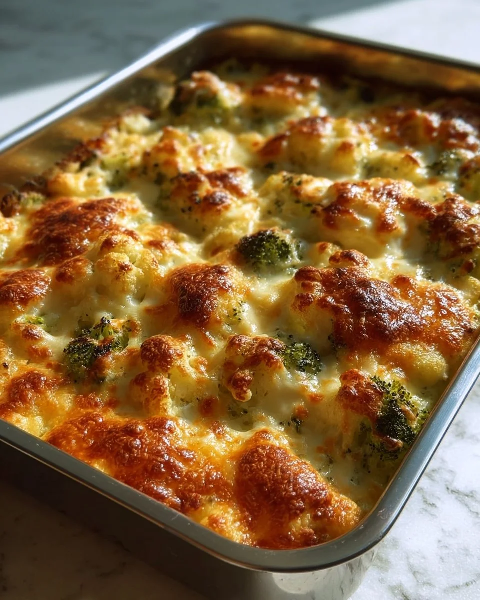 Creamy broccoli cauliflower bake with cottage cheese ready to serve