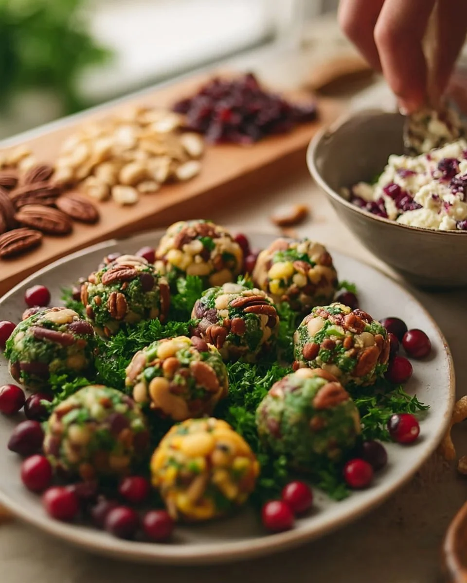 Cranberry pecan goat cheese truffles on a platter