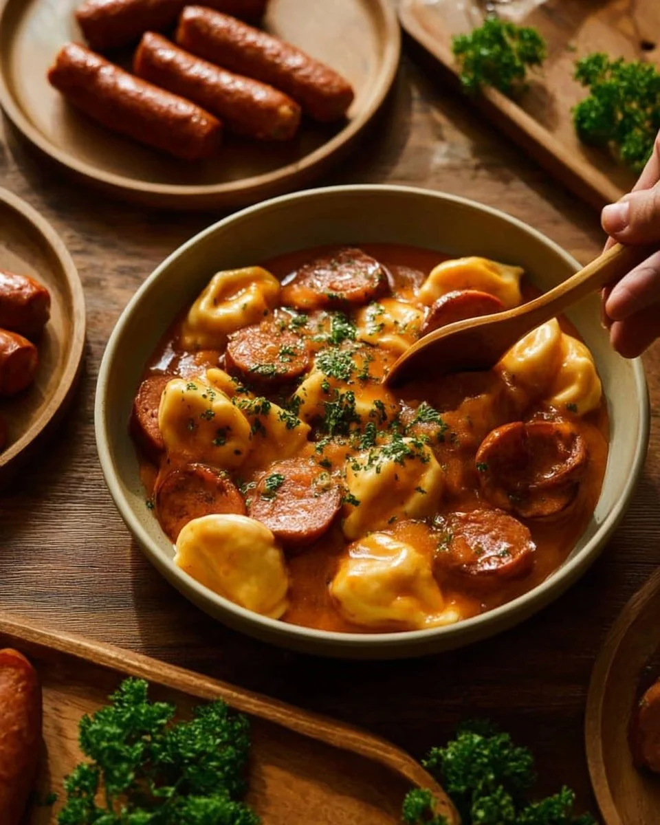Delicious Crockpot Pierogi Casserole with Kielbasa served in a bowl.